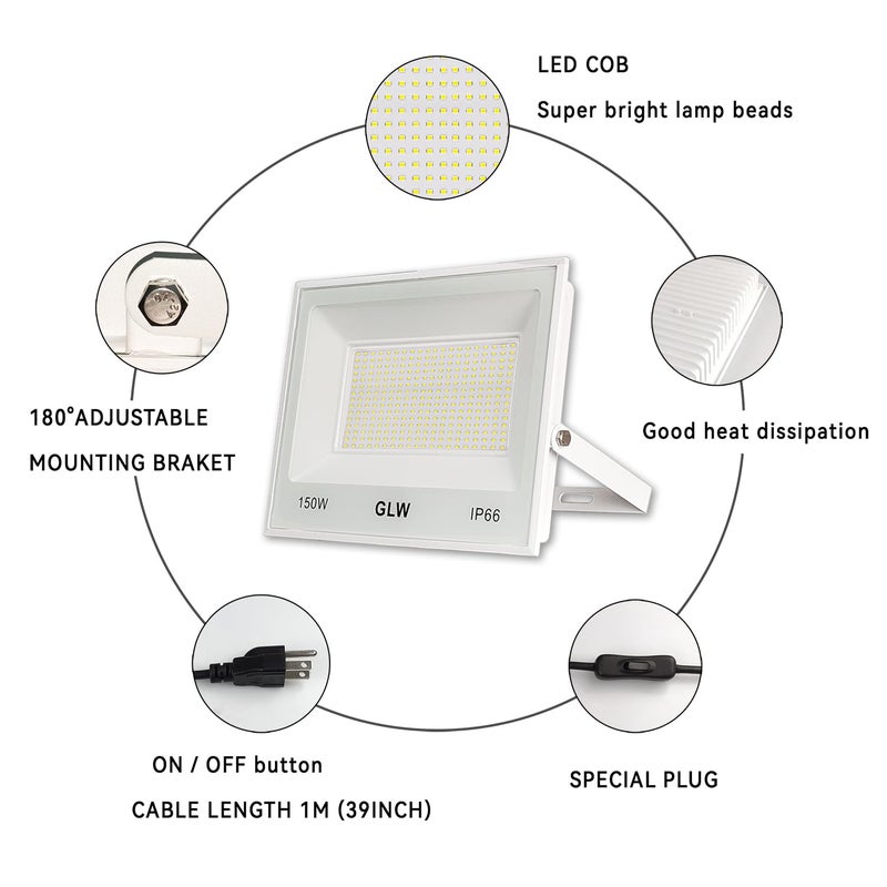 GLW ضوء الفيض LED 150 واط IP66 مقاوم للماء فائق السطوع، 13,000 لومن 6500 كيلفن ضوء النهار الأبيض، كشاف خارجي للمرآب، الملاعب، مواقف السيارات، ملعب كرة السلة - Image 2
